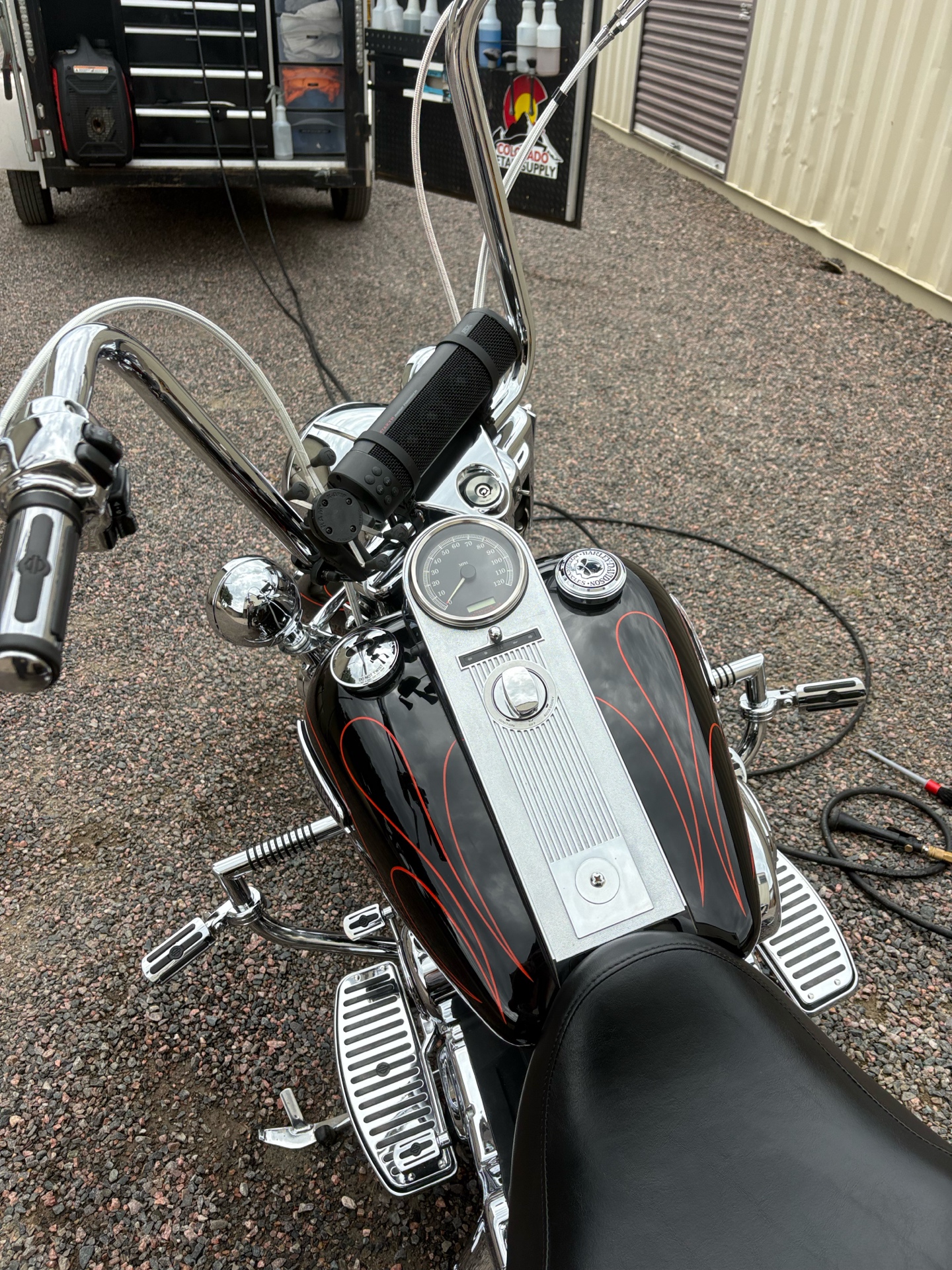 Close view of a polished Harley-Davidson fuel tank